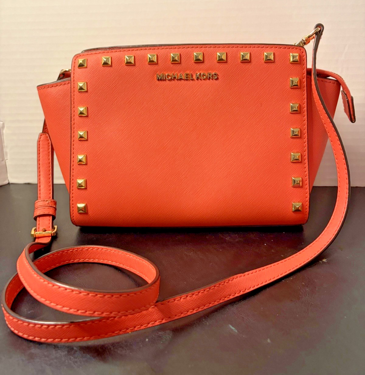 *MICHAEL KORS* Selma Medium Studded Staffiano Leather Messenger Crossbody Purse