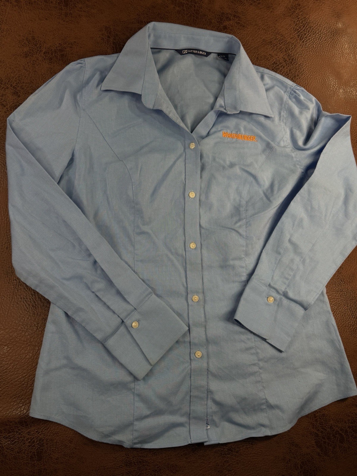 Whataburger Uniform Shirt Women’s Medium Cutter & Buck Light Blue Button Up Top