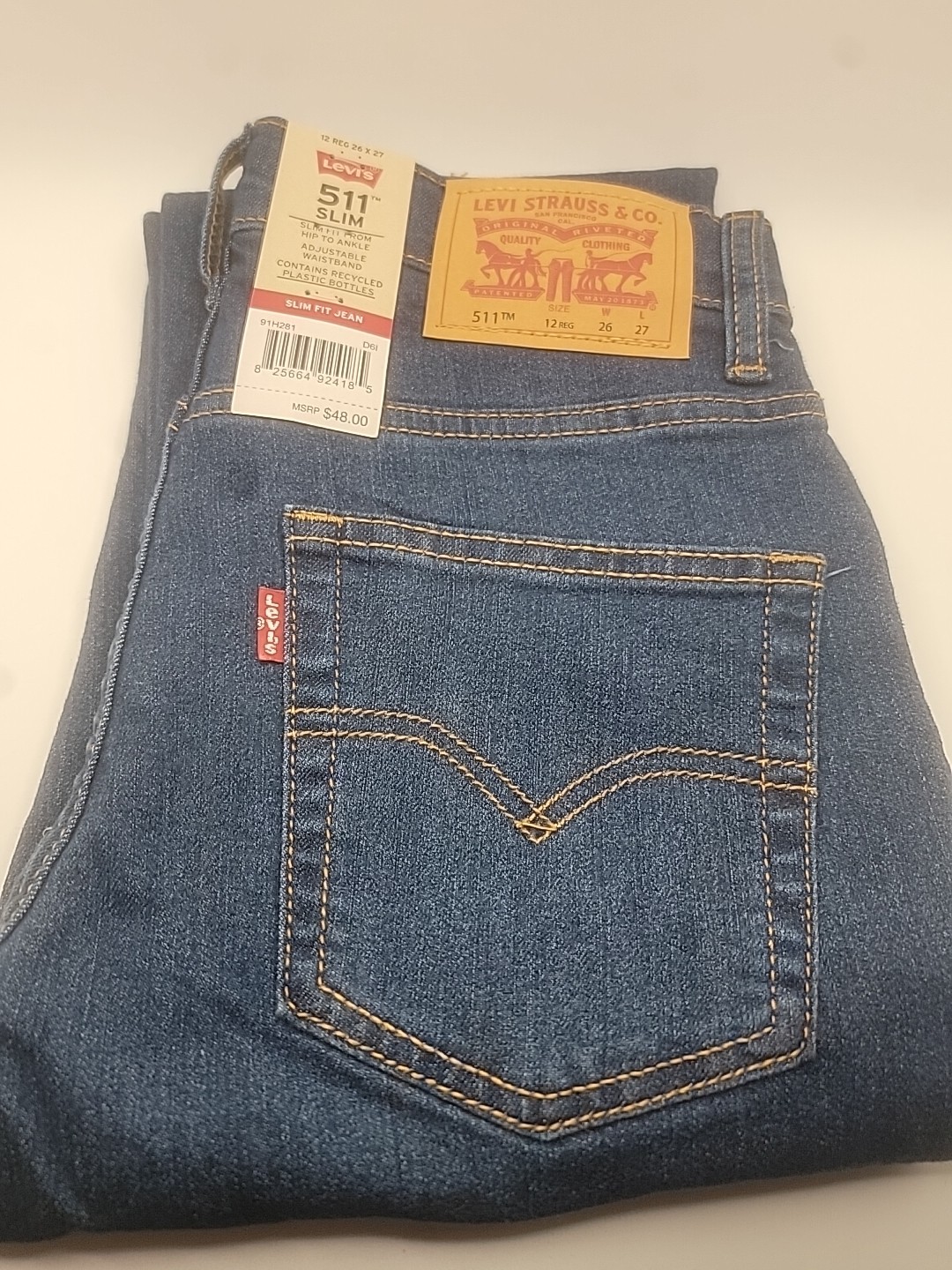 Levis 511 Jeans Slim Boys Medium Wash Size 12 Reg 26×27 Blue Denim NWT 48$msrp