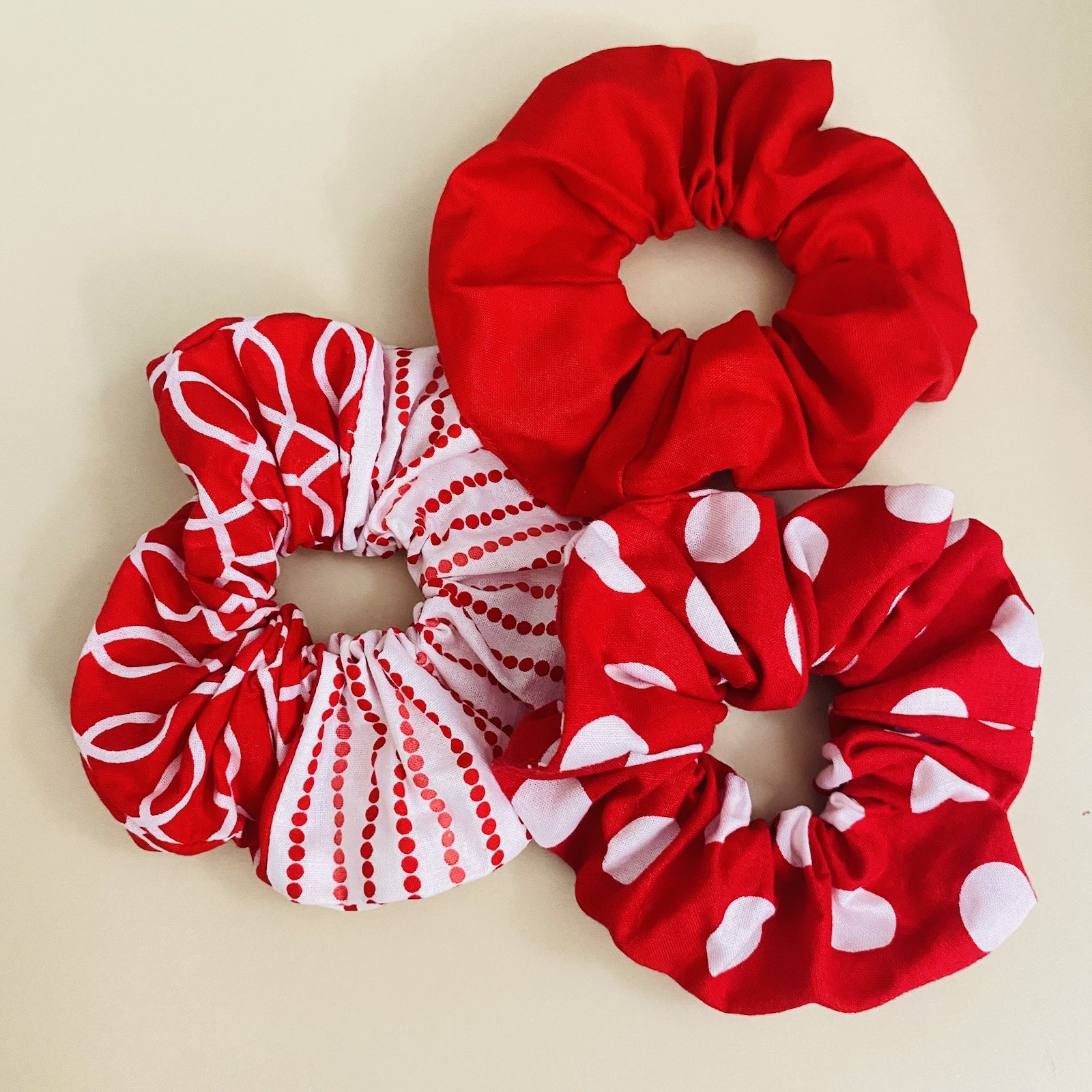 Handmade Scrunchie Set Of 3 – White Polka Dot, Solid & Patterned Hair Ties Gifts