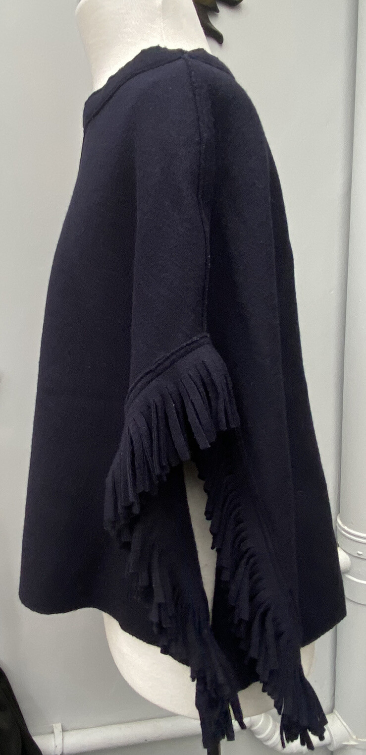Rosso35 Italian Virgin Wool Navy Blue Fringed Poncho Cape BRAND NEW