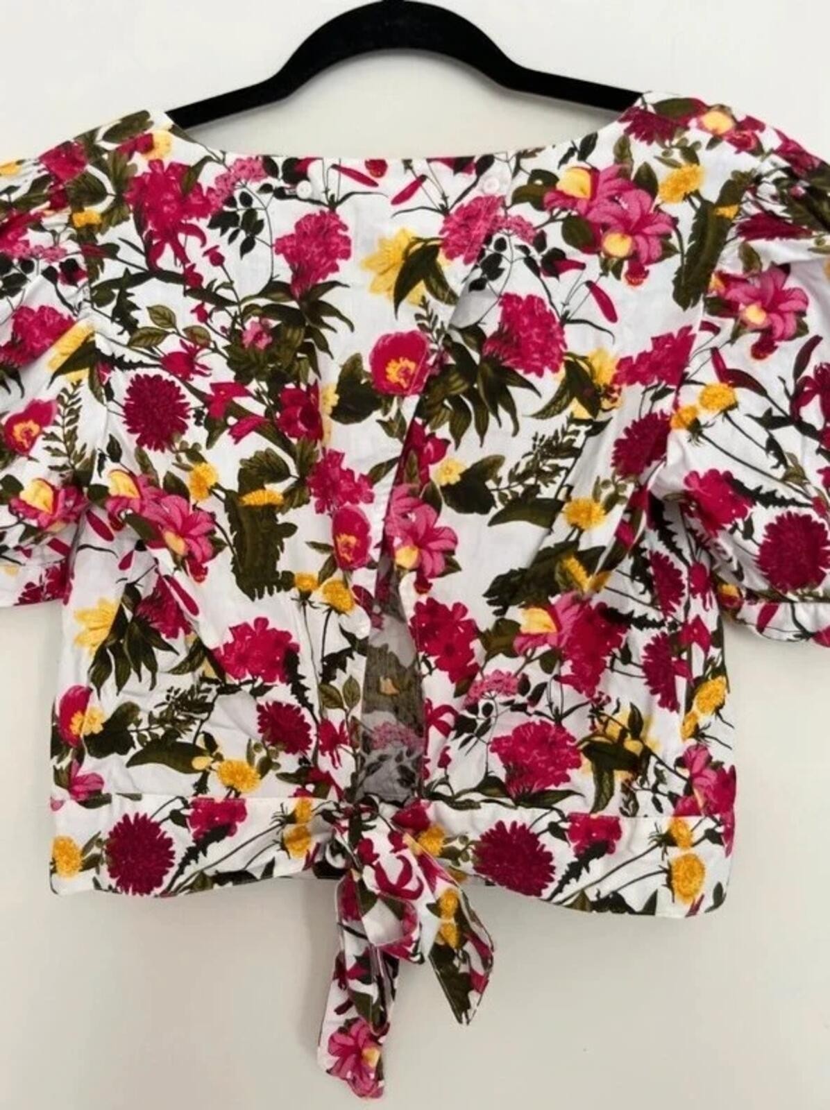 Primark floral puff sleeve cotton crop top with tie detail – size 8