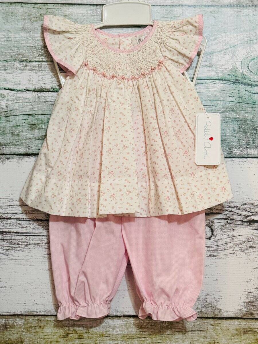 Petit Ami Ivory Pink Floral Smocked Top Pink Check Pantaloon Set 12 18 24 Months