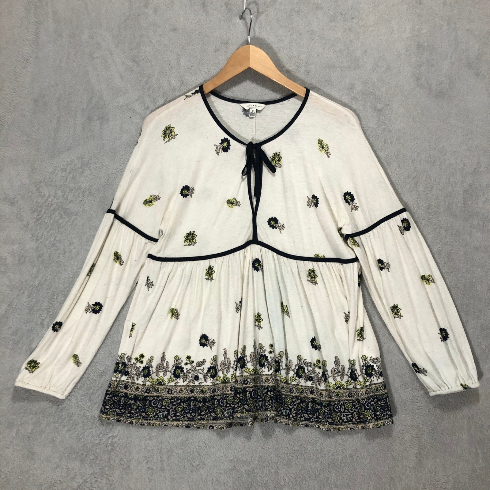 Lucky Brand Floral Peasant Top Tie Neck Long Sleeve Bohemian Blouse M