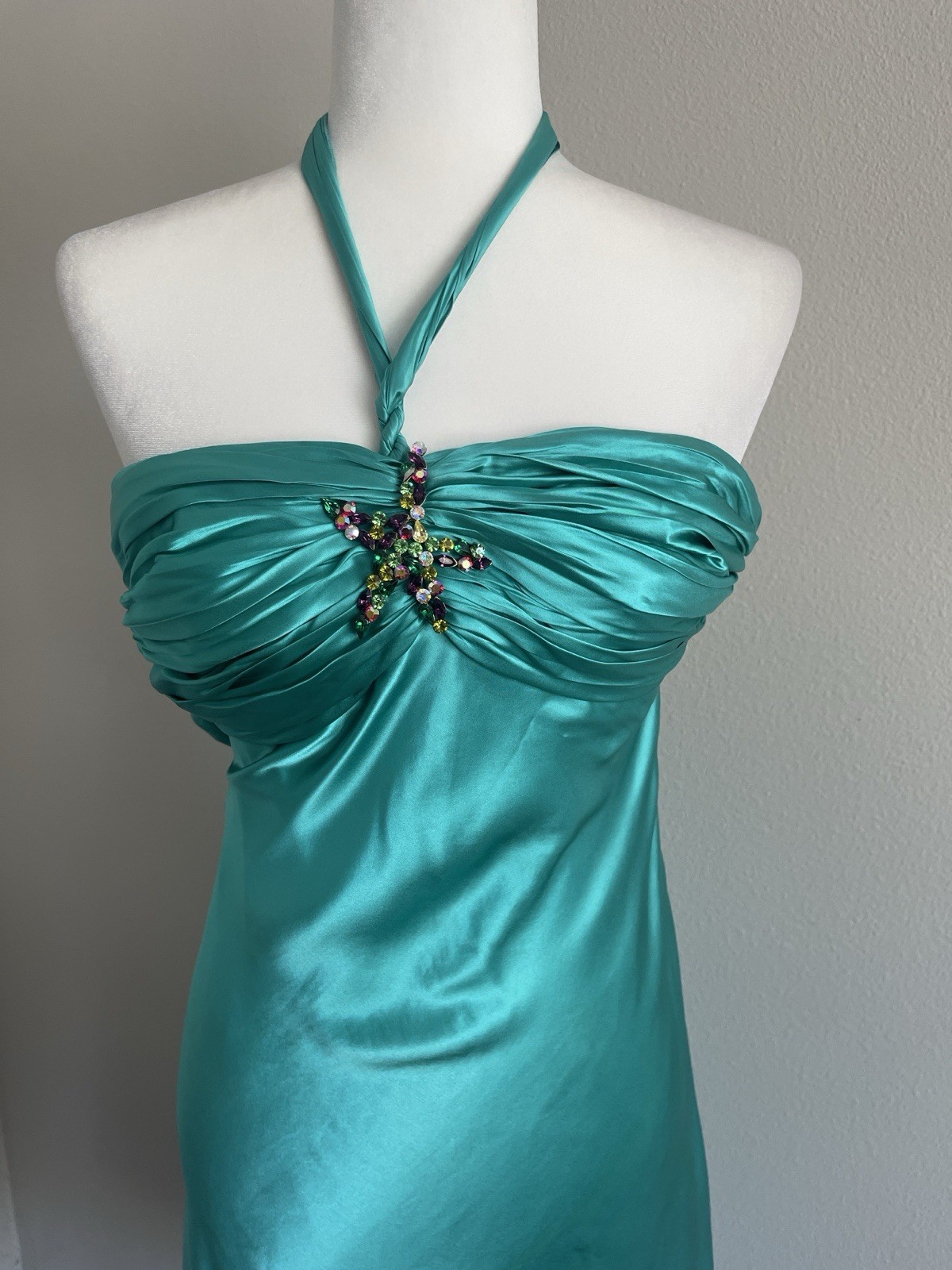 Cache Vintage Y2K Teal Silk Midi Dress With Starfish Brooch Size 4