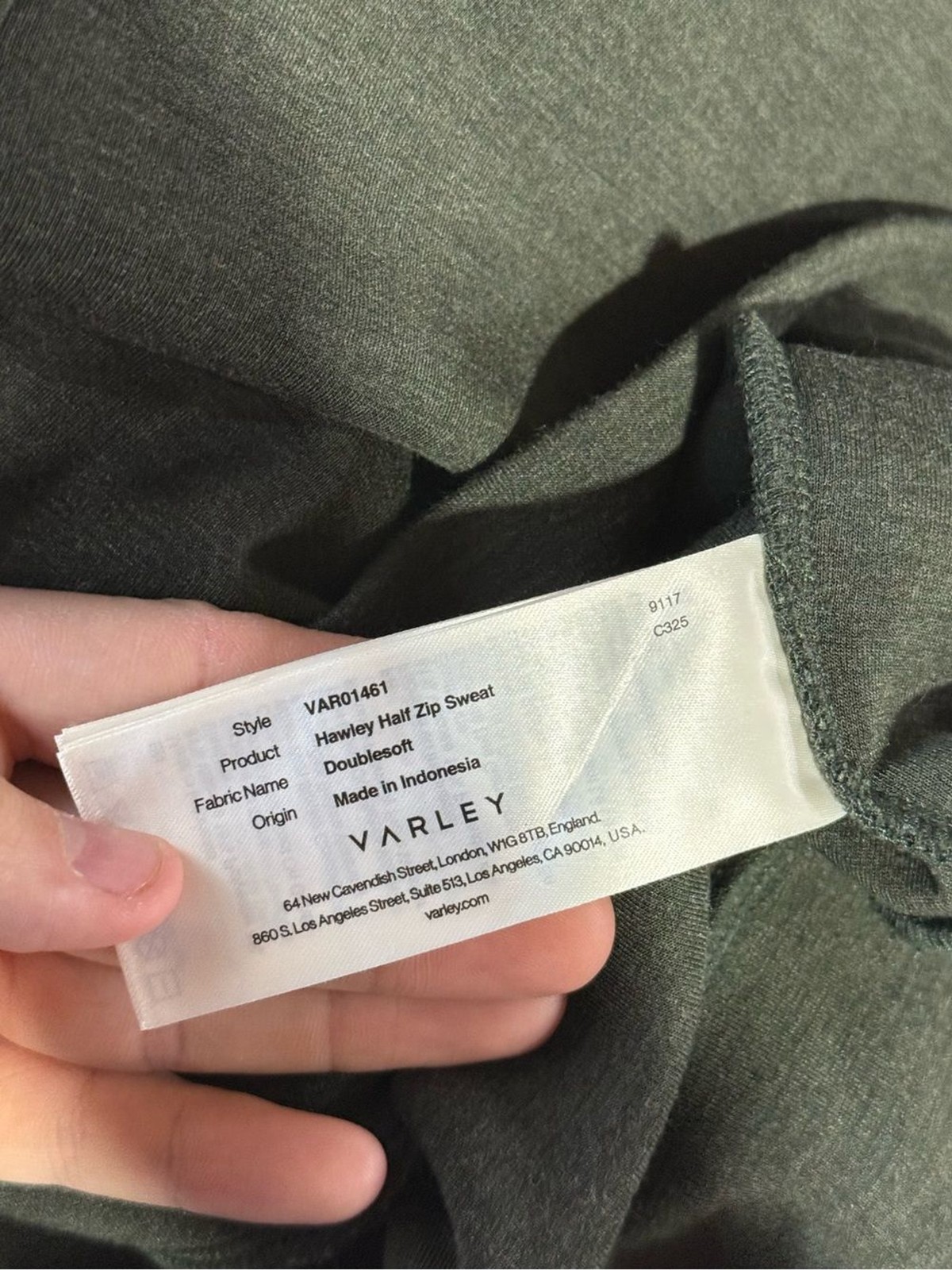 Varley Hawley Half Zip Sweatshirt in Olive Marl DOUBLESOFT Size Small