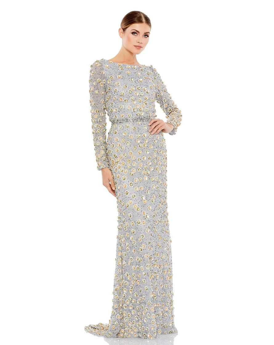Mac Duggal Platinum Silver Gold Floral Beaded Long Sleeve Gown Size 16 $698