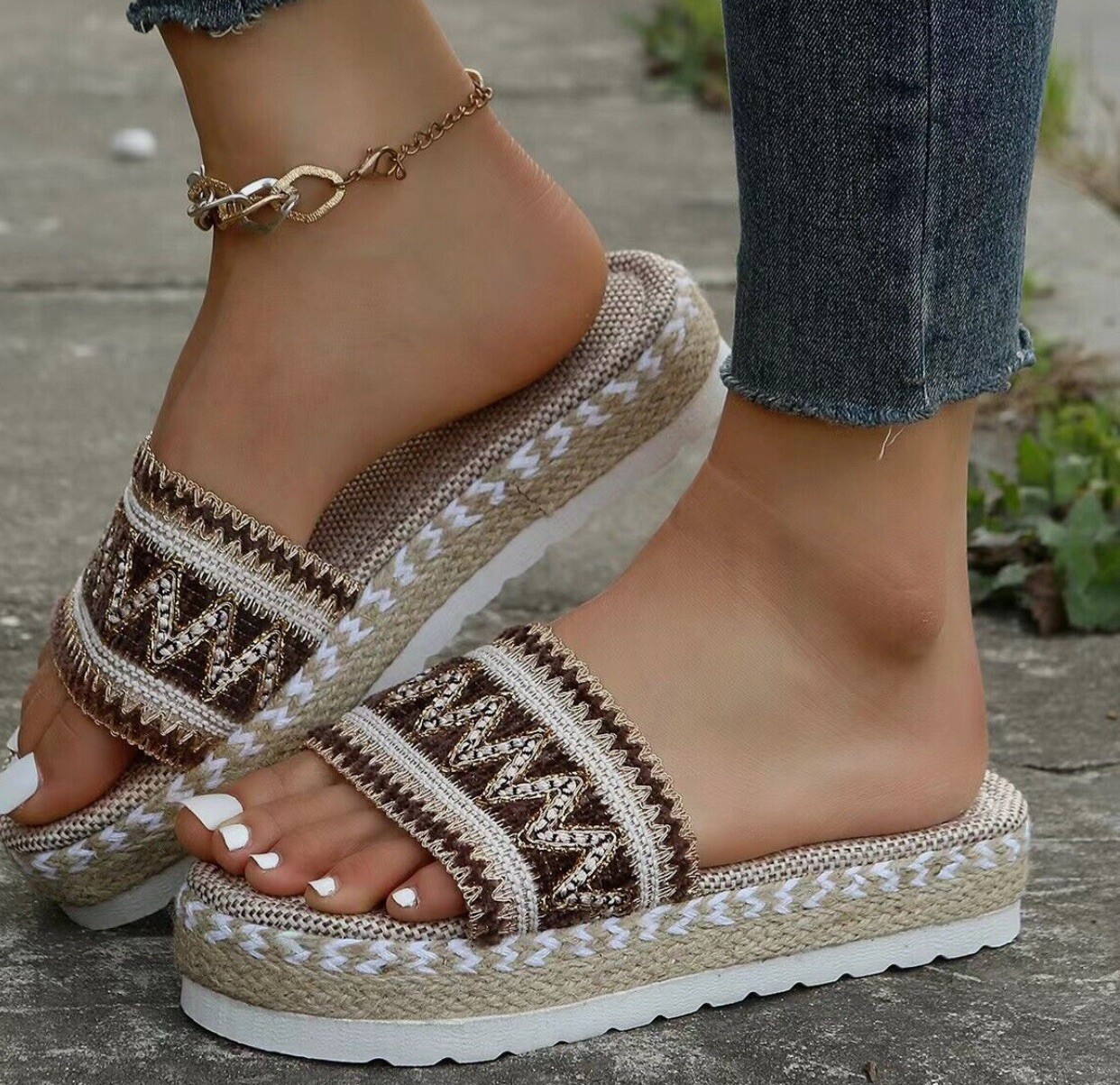 Bohemian Beach Dressy Casual Burlap Look Sandals Womens Size 37 (fits Like 6)