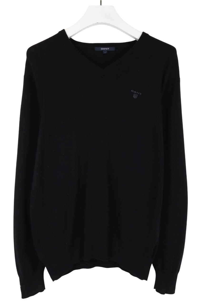 Gant Jumper Mens Large V Neck Sweater Black Logo Tight Knit