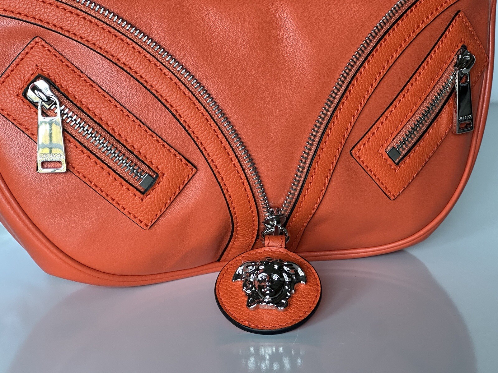 NWT $1925 Versace Silver Medusa Head Calf Leather Small Orange Hobo Bag 1007680
