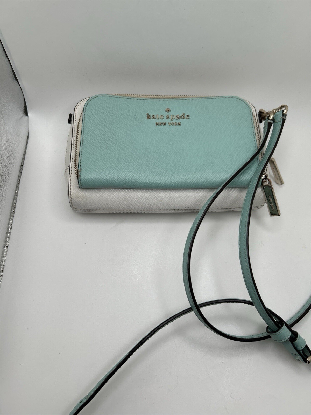 Kate Spade Turquoise and White Zip-Around Small Leather Crossbody Bag