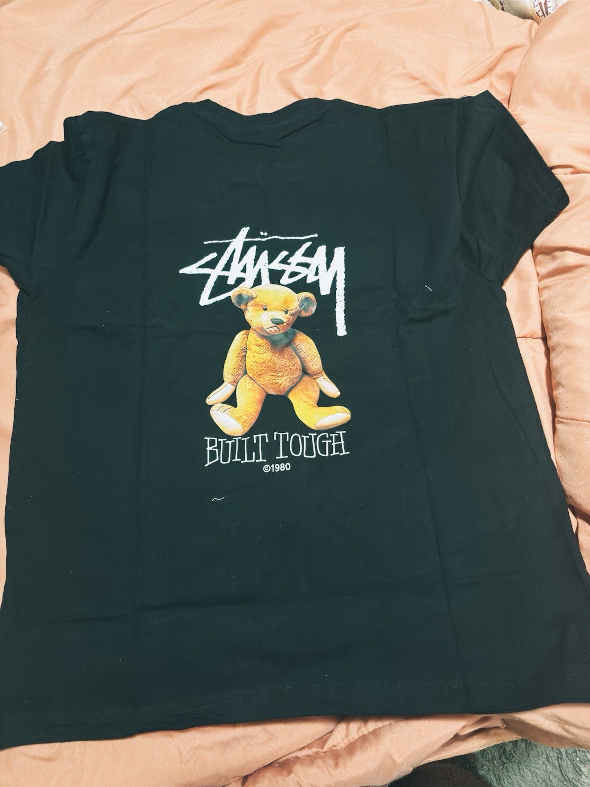 Stussy Men’s Black Built Tough Teddy Bear Graphic Crew Neck T-Shirt, Size L