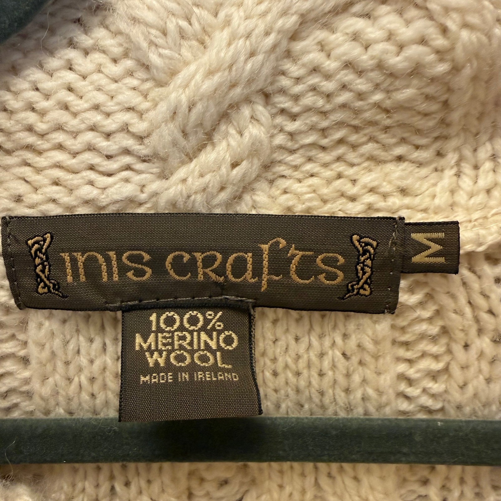 Inis Crafts Ireland Merino Wool Fisherman Cable Knit Cowl Neck Sweater Cream M L