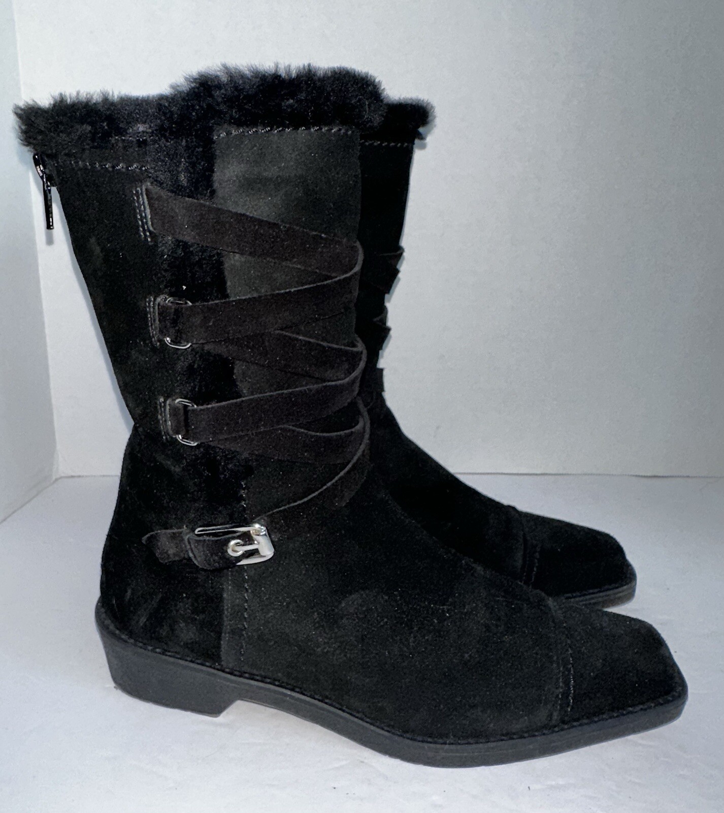$495 Stuart Weitzman Fur Lined Mid Calf Back Zip Black Suede Boots Womens 7 M