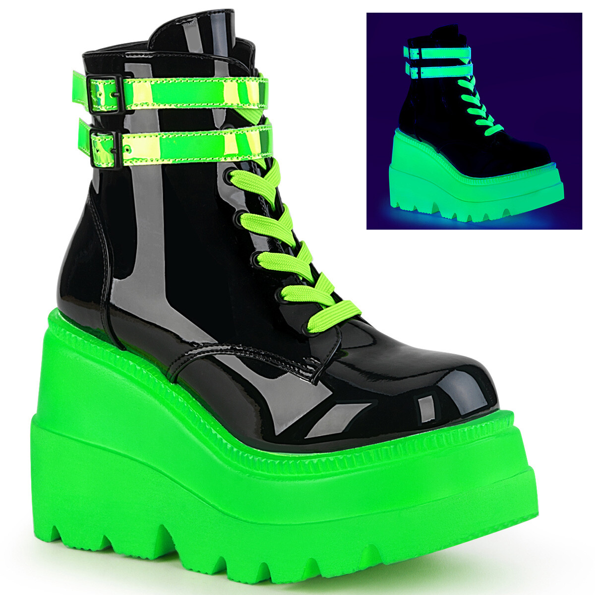 DEMONIA SHAKER-52 Women’s Wedge Platform Black Neon Green Lace-Up Ankle Boots