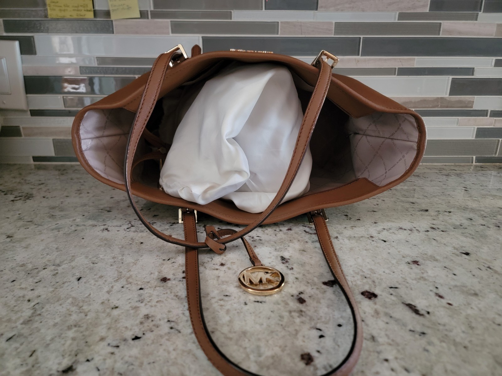 Michael Kors Jet Set Medium Saffiano Leather Top-Zip Tote Bag Brown Purse