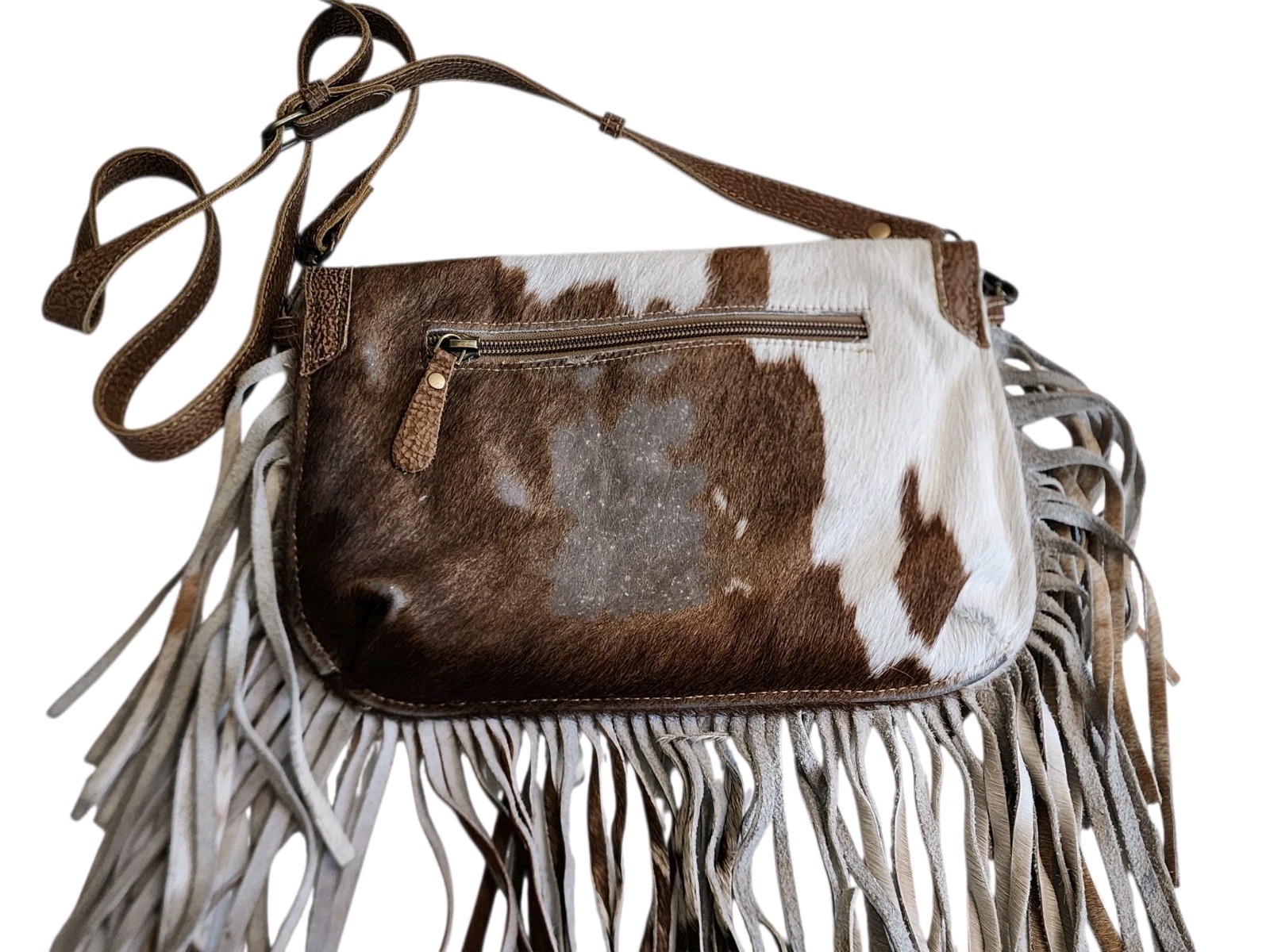 Myra Western Fringe Cowhide Animal Print Shoulder Bag Brown White