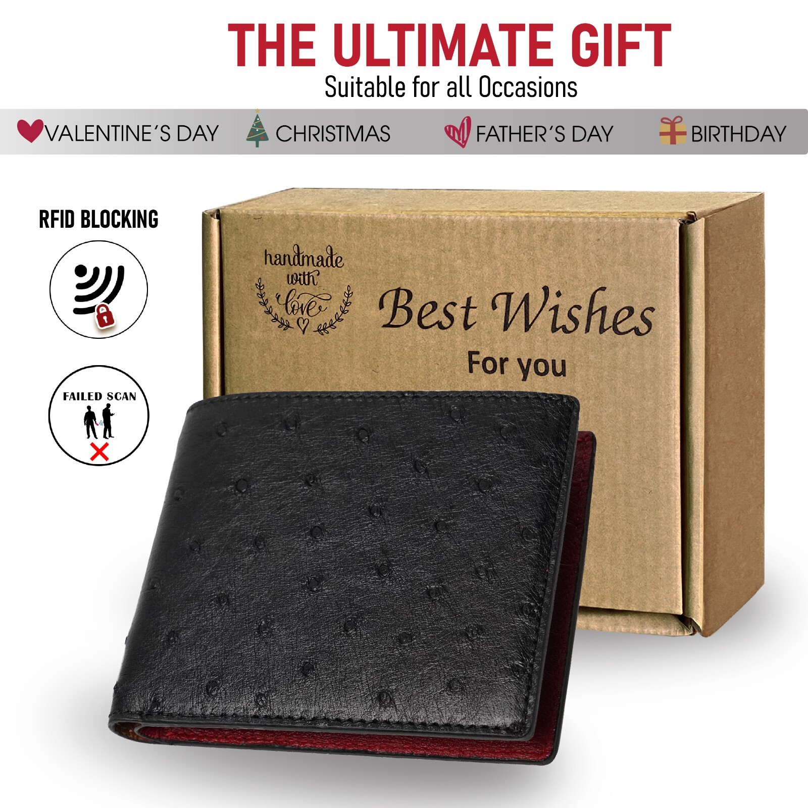 Genuine Ostrich Black/Red Bifold Leather Wallet Men’s Skin Wallet Handmade