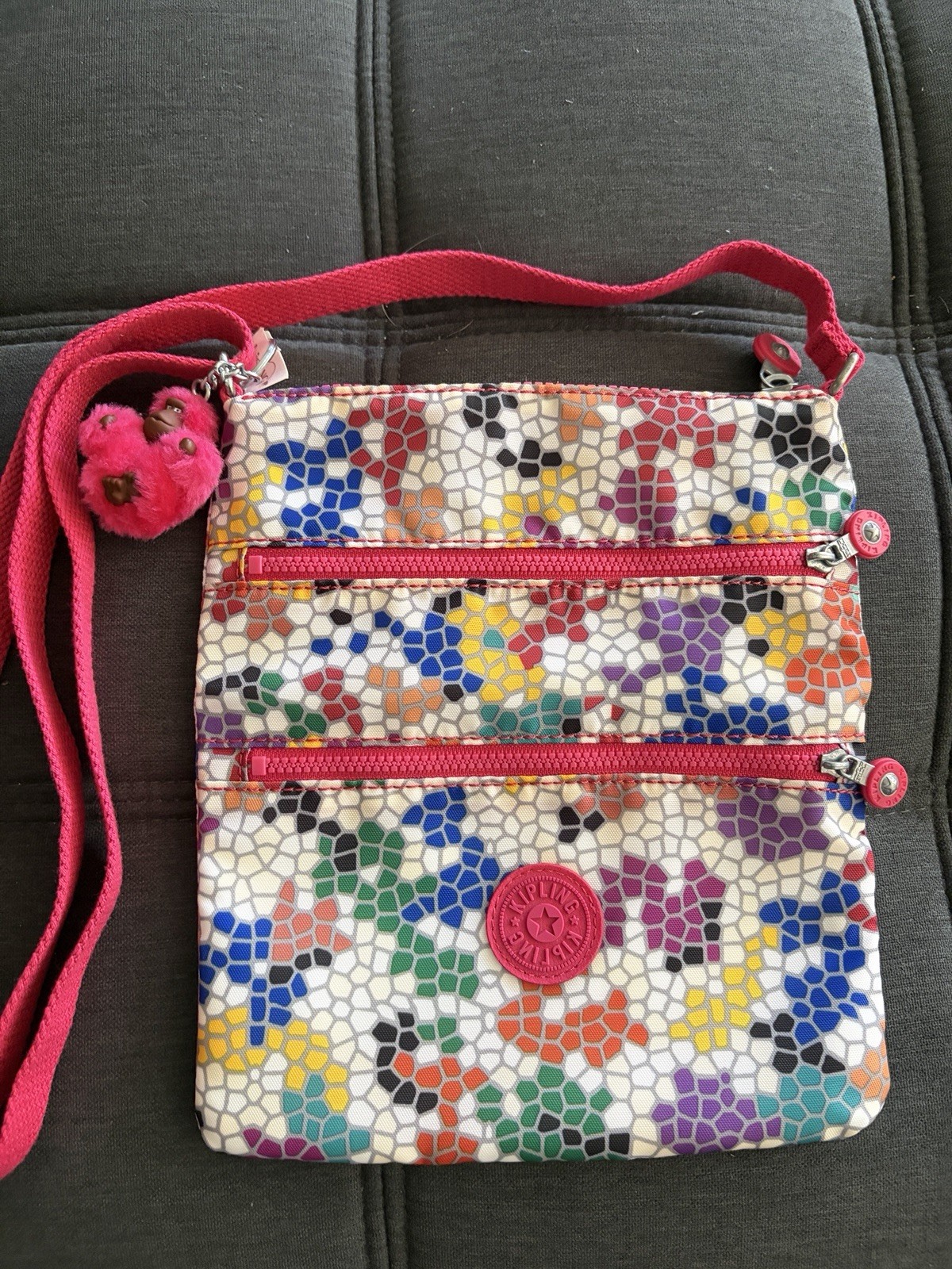 Kipling Mosaic Print Small Crossbody Bag, Pink Strap, Zip, Monkey Charm