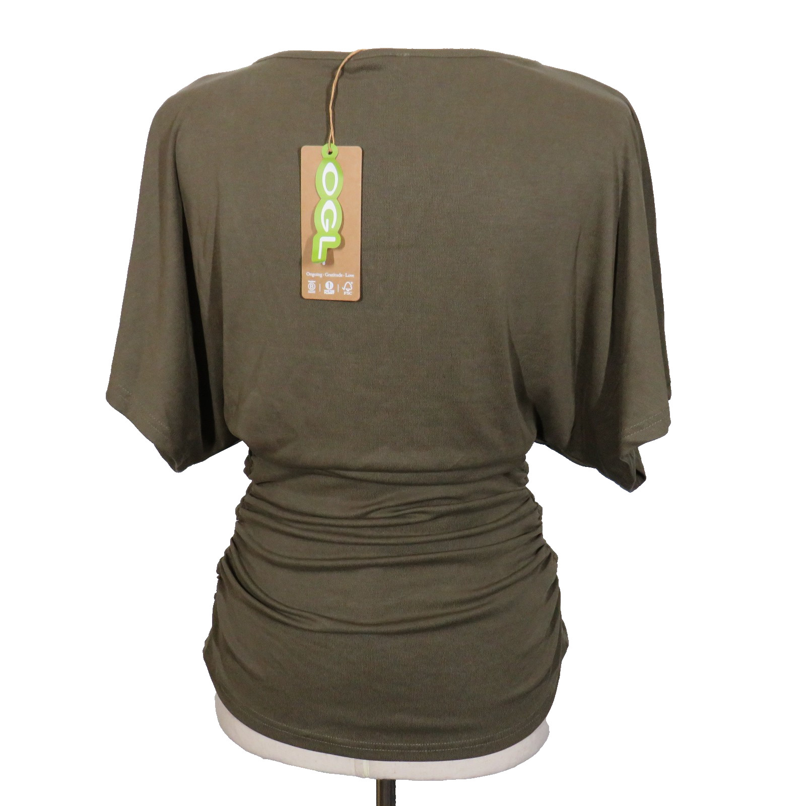 OGL Sandwashed Effortless Boatneck Batwing Sleeve Side Ruched Top Olive Size M