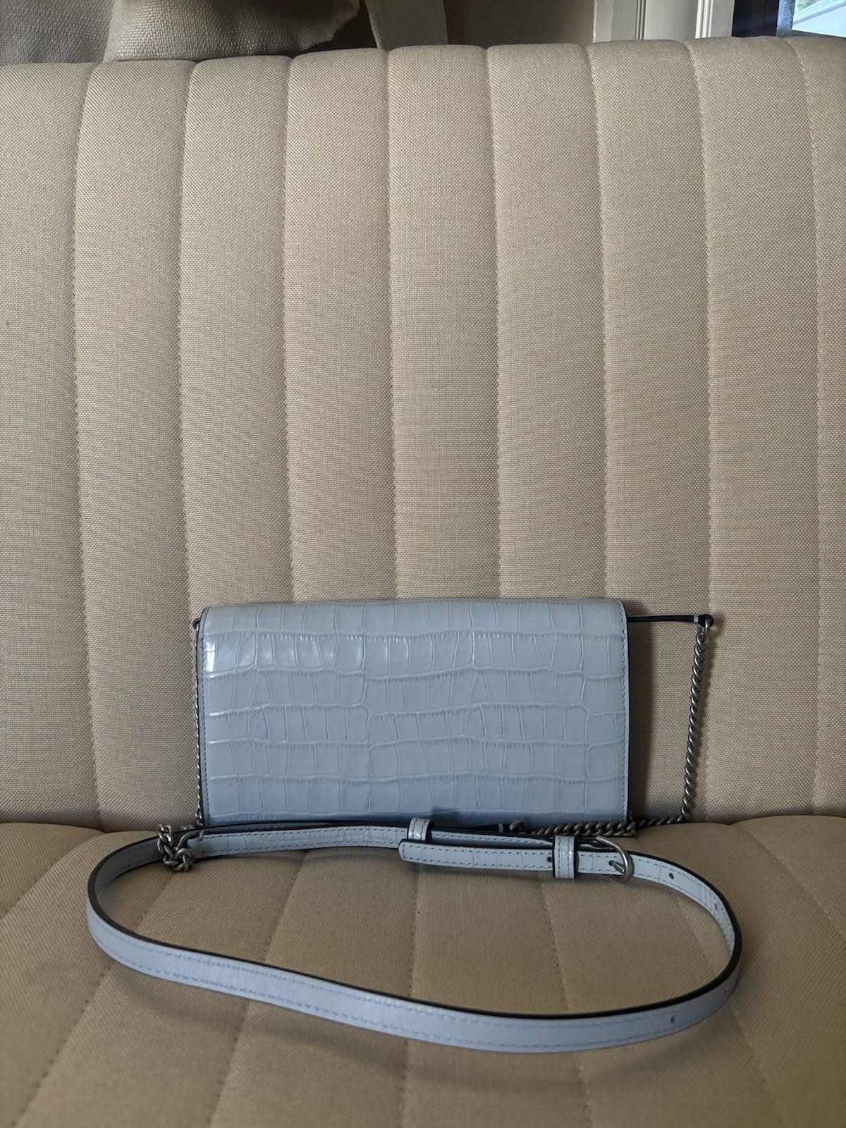 Blue Croc Embossed Flap Crossbody Bag Snap Closure Silver Hardware Chain Strap