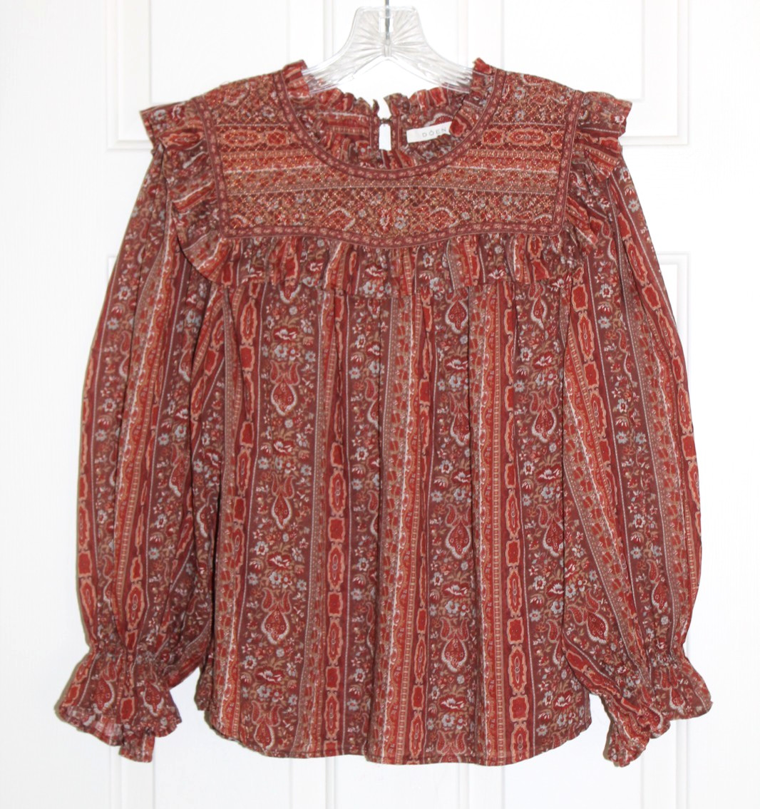DOEN Top Shirt Blouse High Neck Ruffle Copper L
