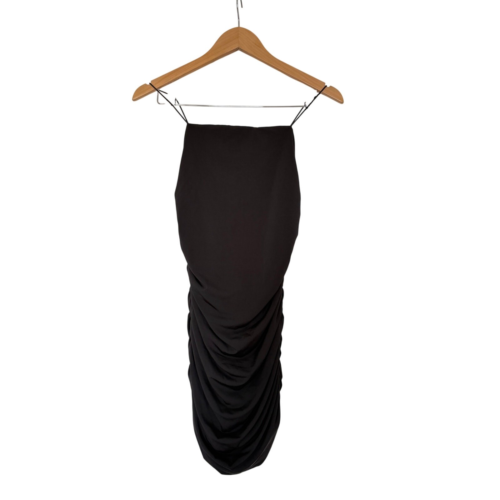 Copied – Aqua Dress Ruched Mini Spaghetti Strap Bodycon in Black Size Large NEW