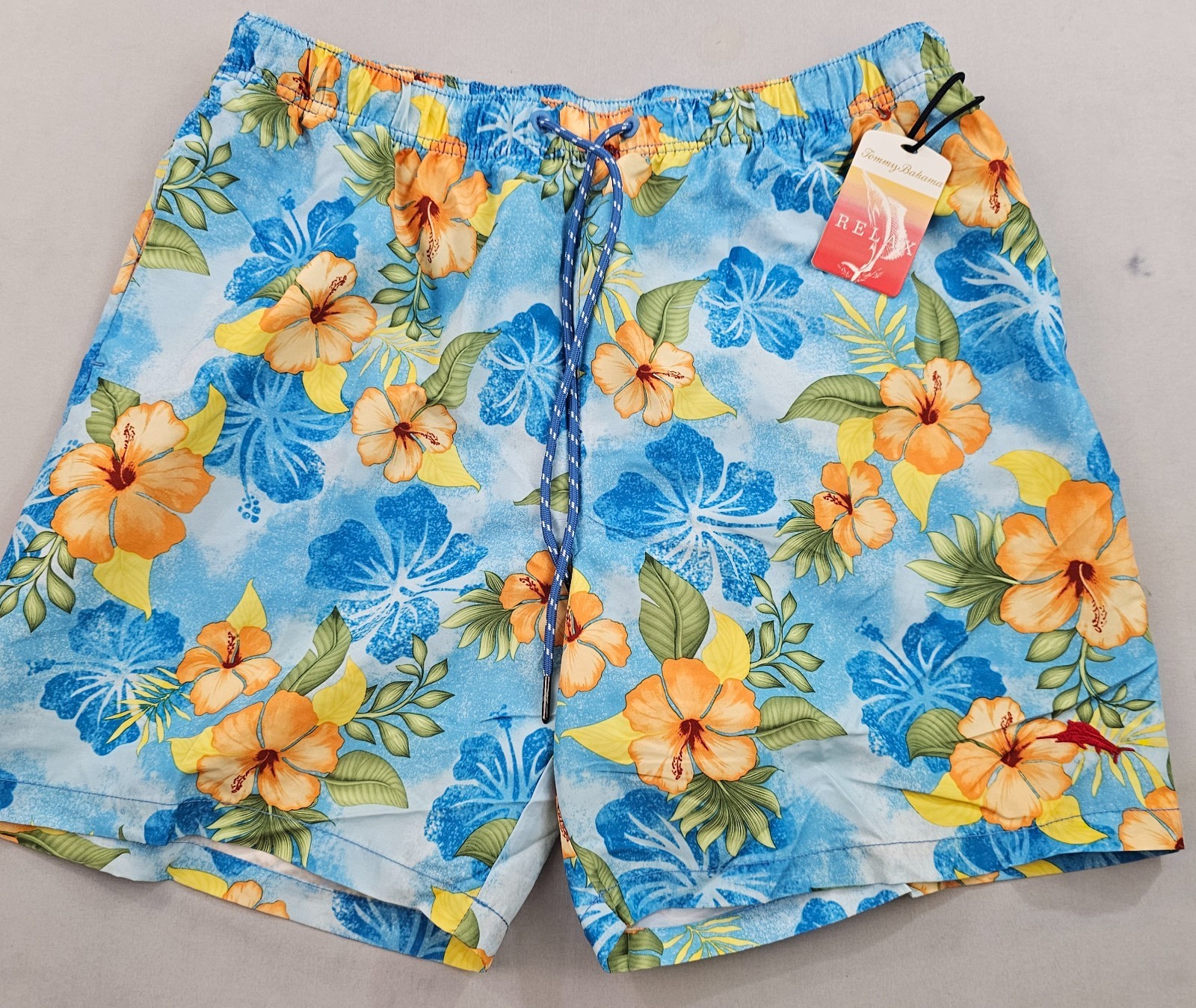 Tommy Bahama Relax trunks swimwear mens L Large pocket light blue orange floral