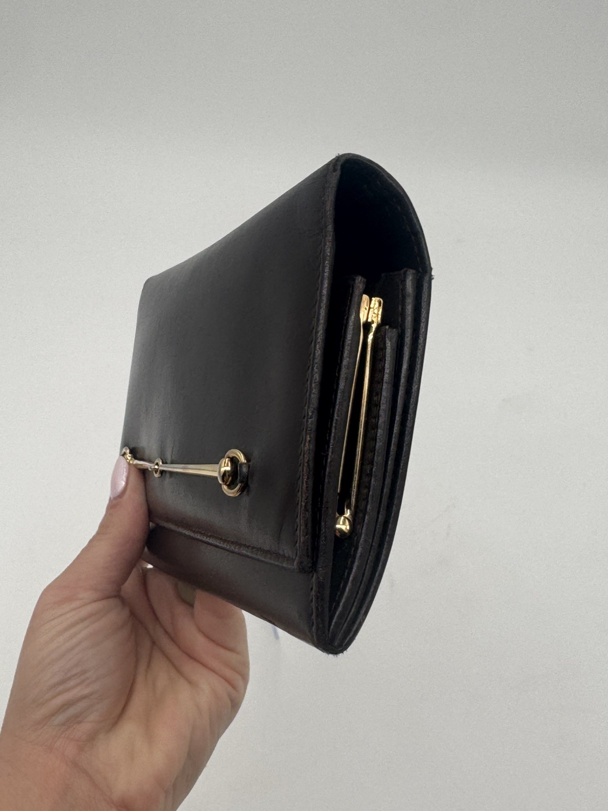GUCCI Horsebit Long Wallet Clutch Tainted Indigo/Brown Leather Gold Hardware