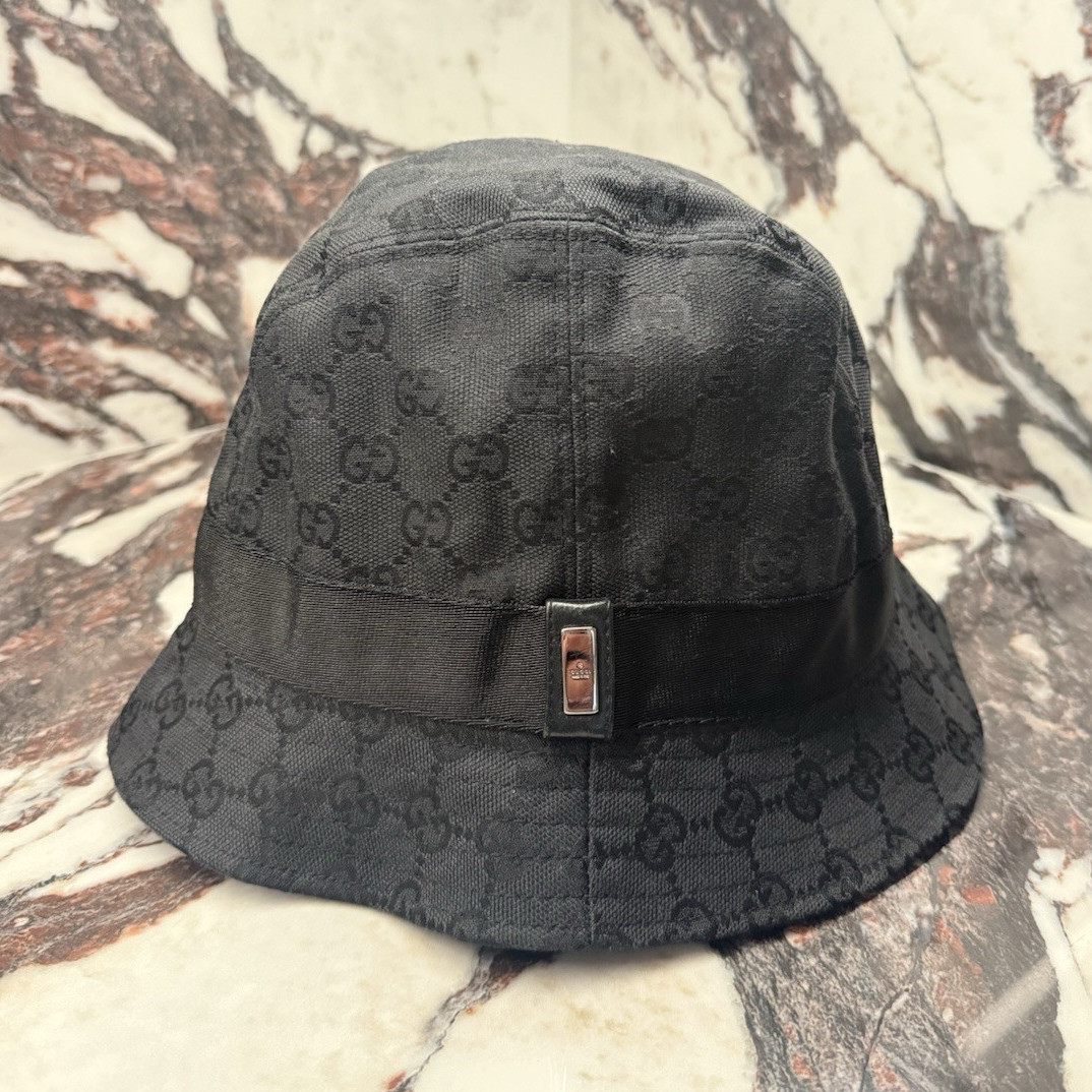 Gucci Black GG Monogram Logo Bucket Hat Size S Women Casual Travel Cotton