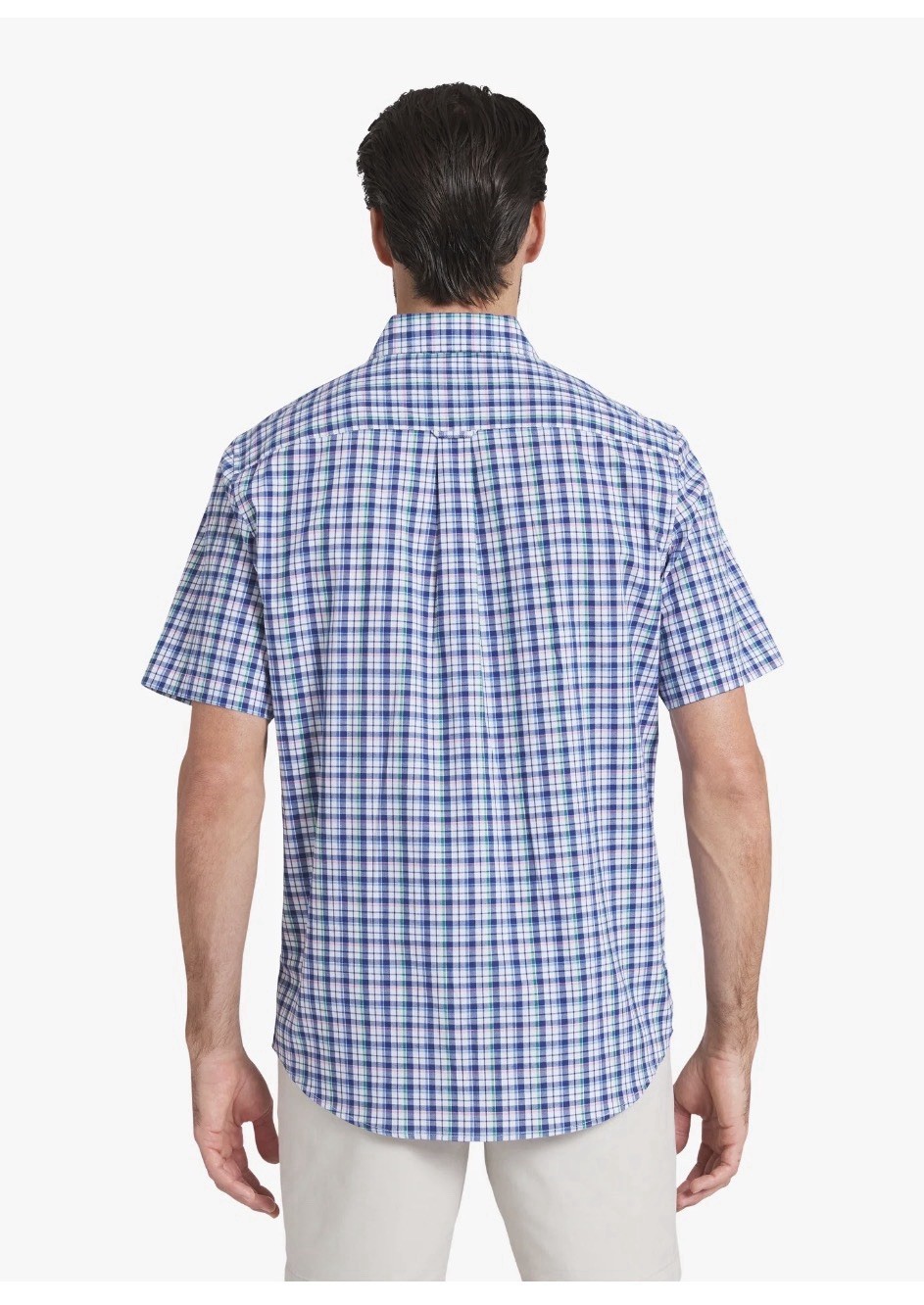 Large Men’s Chaps Short Sleeve Stretch Easy Care Blue & White Button Down Shirt