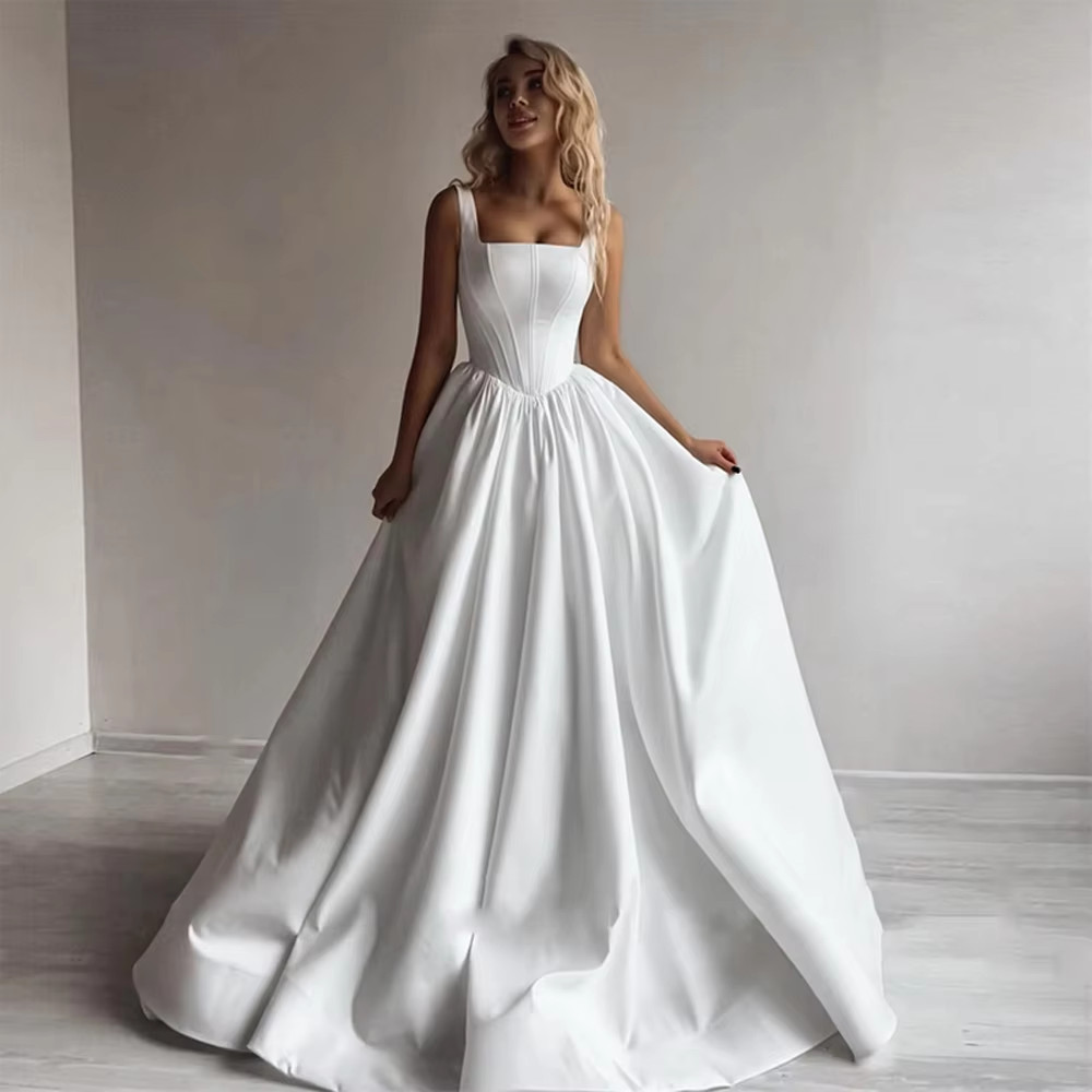 Square Neck Satin Corset Ball Gown Sleeveless Minimalist Wedding Train Dresses