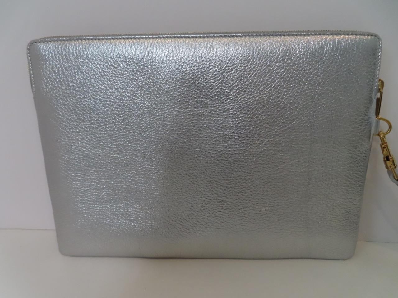 NIB CELINE Silver Leather Pouch/Wristlet Clutch Bag