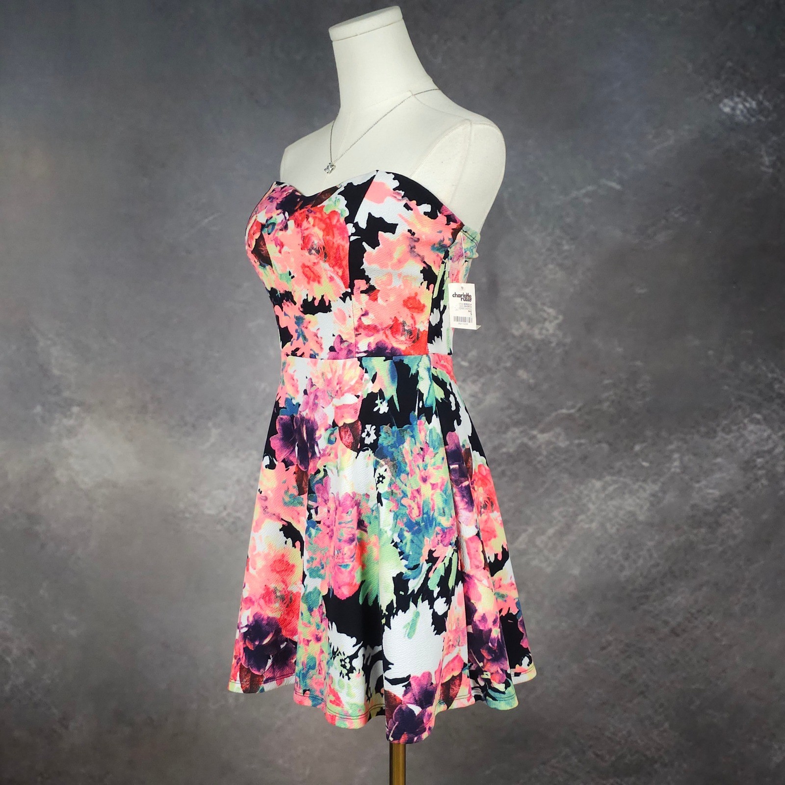 NWT Vintage Y2K Charlotte Russe Indie Floral Strapless Skater Mini Dress Black S
