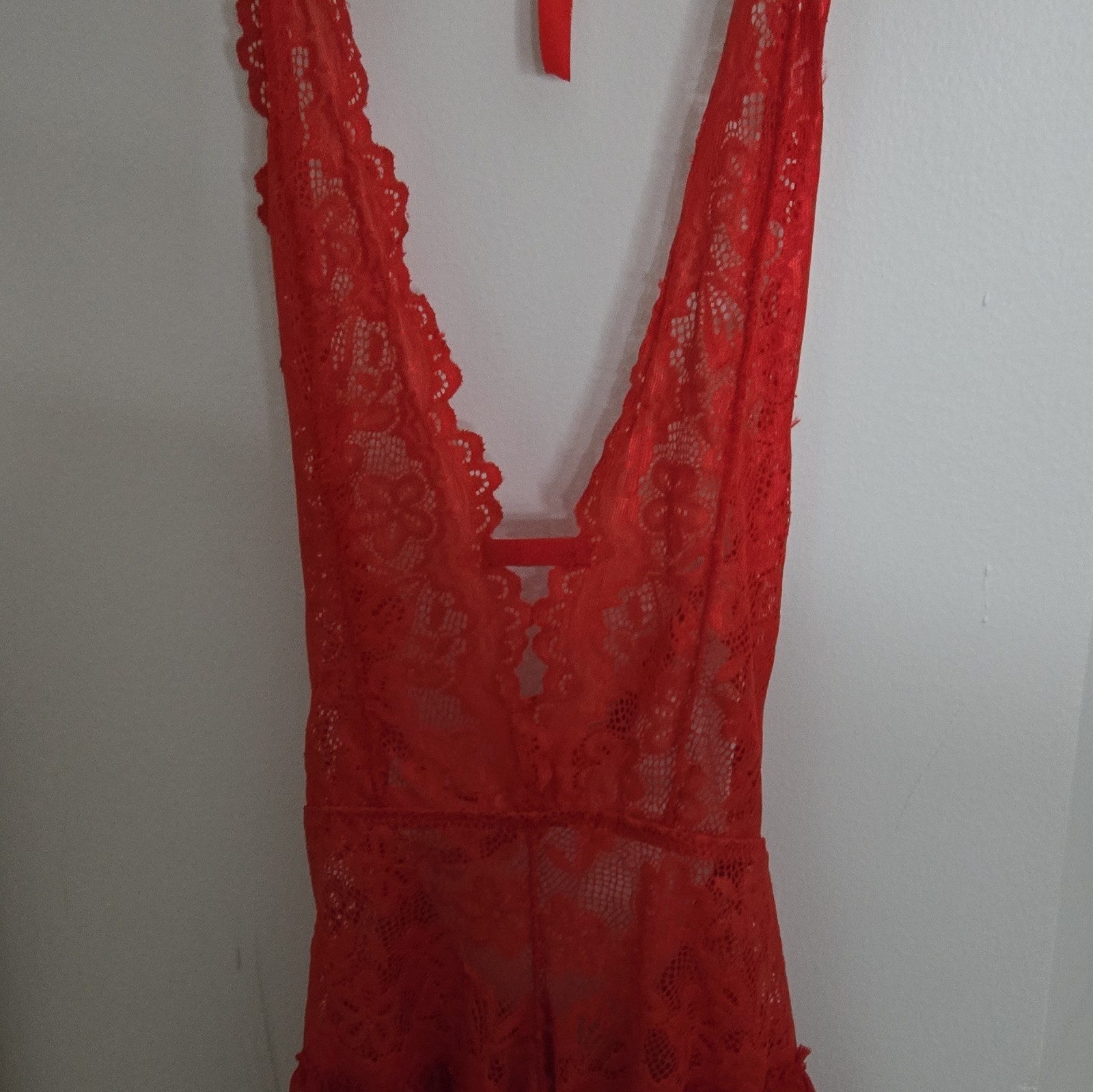 Women’s Red Floral Semi-Transparent Sheer Wireless One-Piece Bodysuit Size S