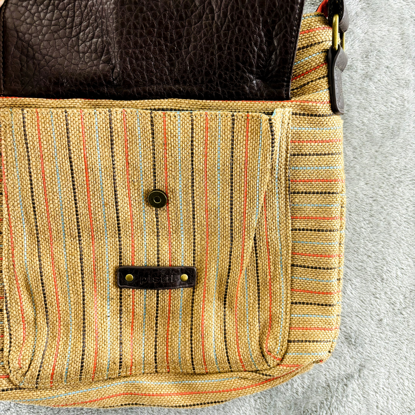 Pistil Gotta Run Bag Brown Burlap Stripe Crossbody Purse Adjustable Strap Zipper