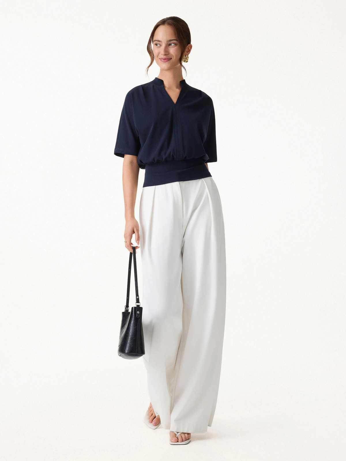 OGL Stand Collar V-Neck Short Sleeve Top