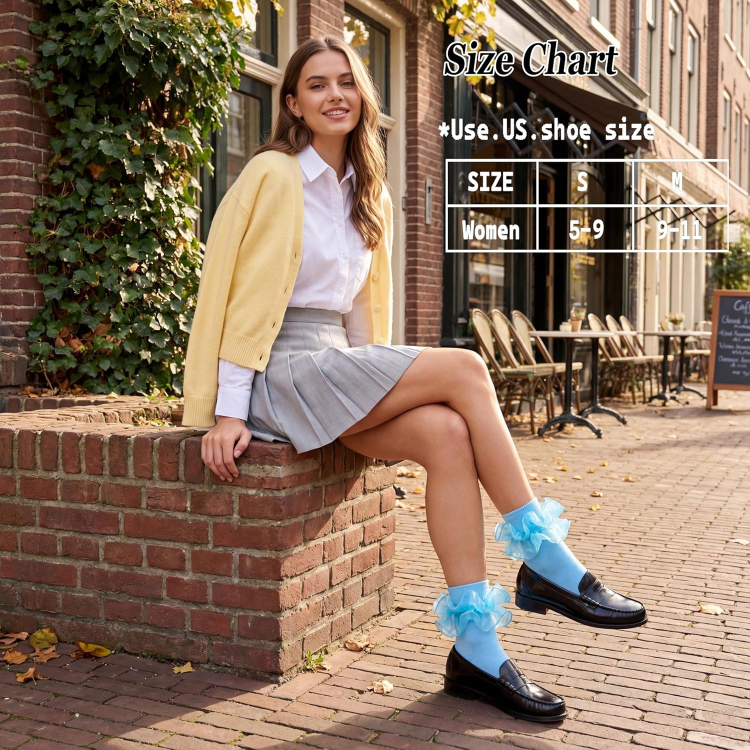 Socks for Women Big Ruffle Socks with Turn Cuff and Double Lace 9-11 Light Blue
