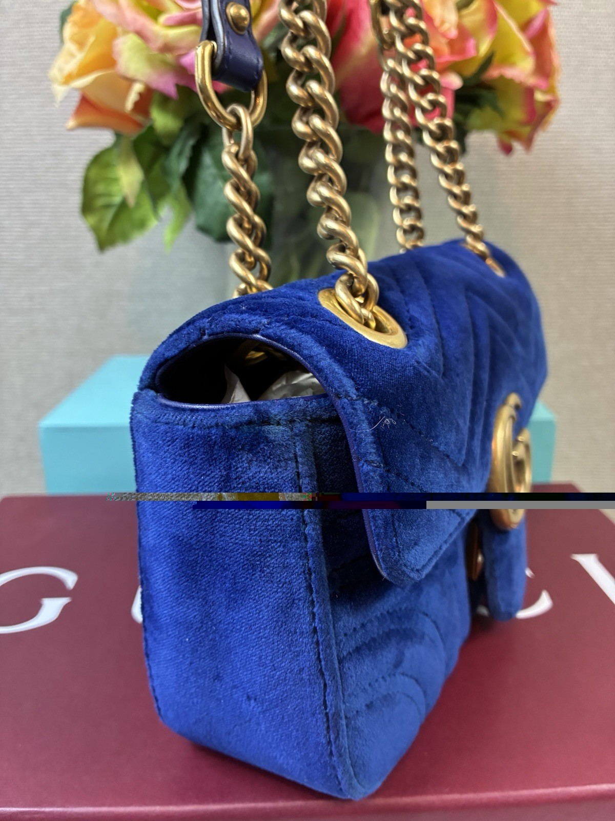 Gucci Marmont Blue Velvet Quilted Shoulder Bag – Excellent Pre Loved Condition
