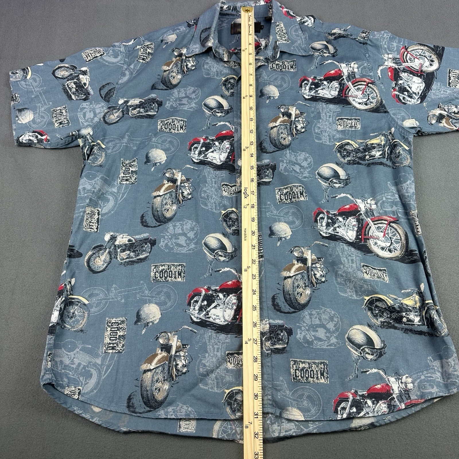 Redhead Motorcycle Camp Shirt Slate Blue Novelty Print Cotton Preowned