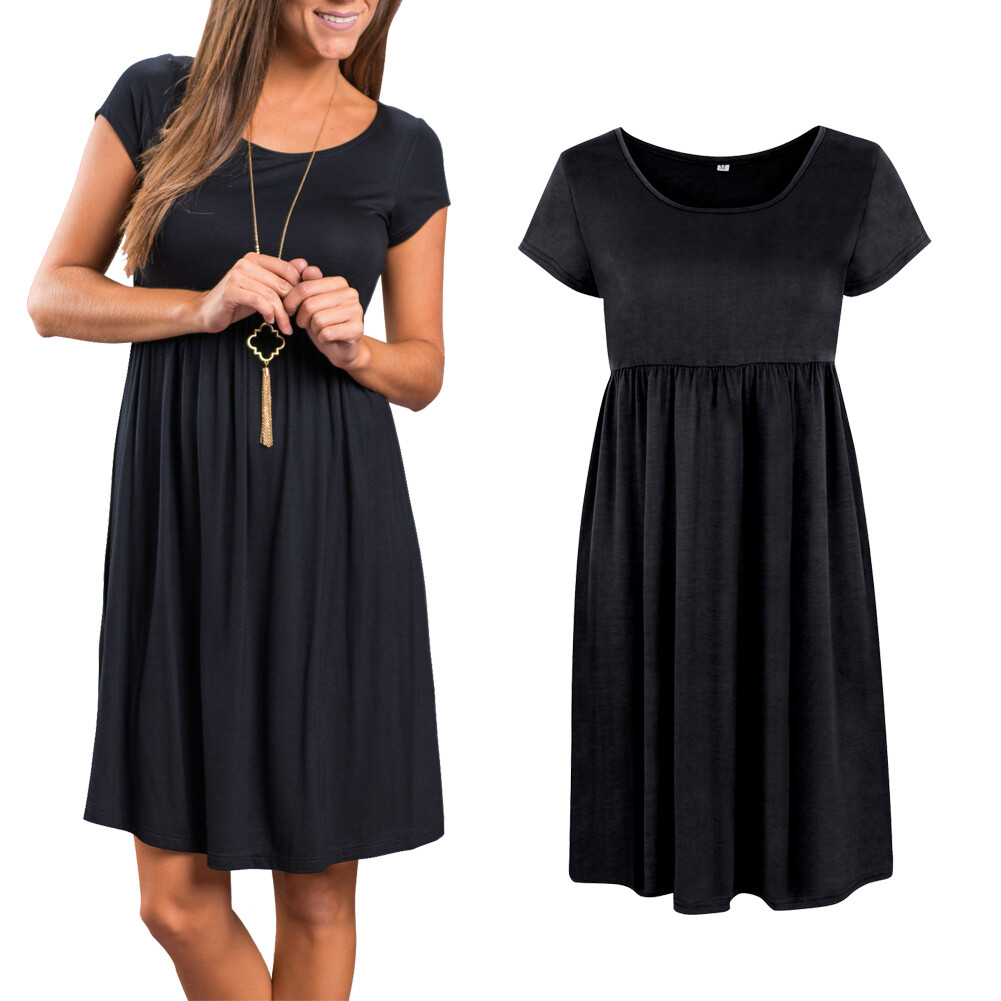 Women’s Short Sleeve Loose Tops Grey Casual Home Clothes Round Neck Soft Dress