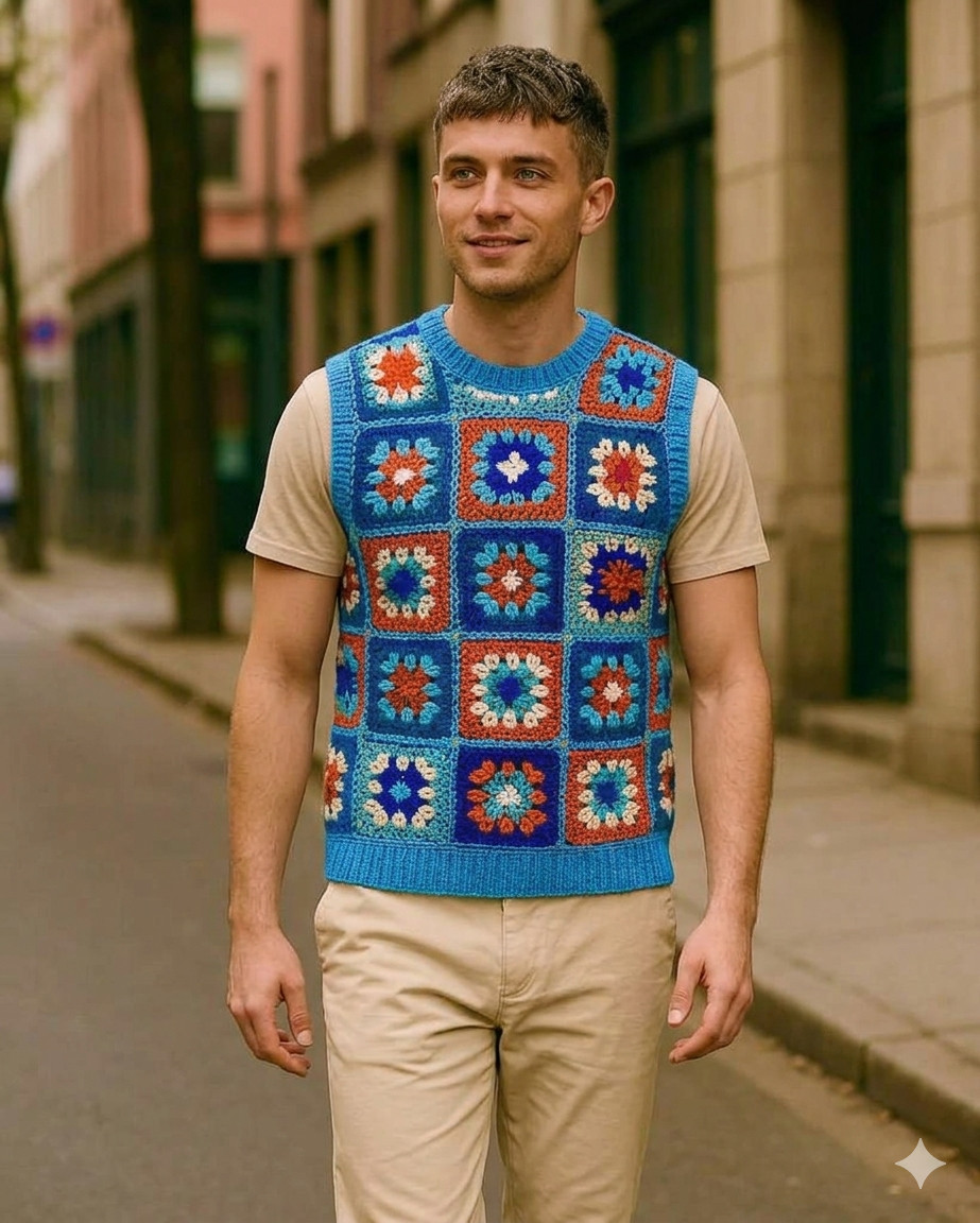 Handmade Crochet Square Men Vest Vintage Bohemian Sleeveless Sky Sweater