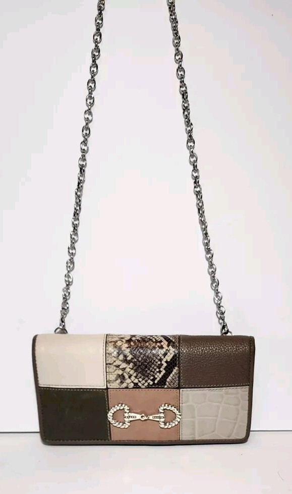 BRIGHTON OFF THE GRID ROCKMORE HORSE BIT EMBLEM PATCHWORK CROSSBODY WALLET NWD