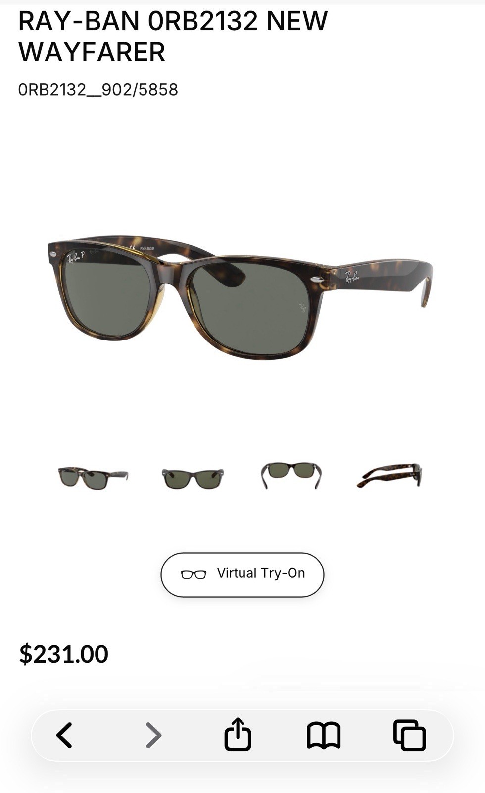 Ray-Ban New Wayfarer Tortoise / Green Polarized 58mm Sunglasses ORB2132 902/58