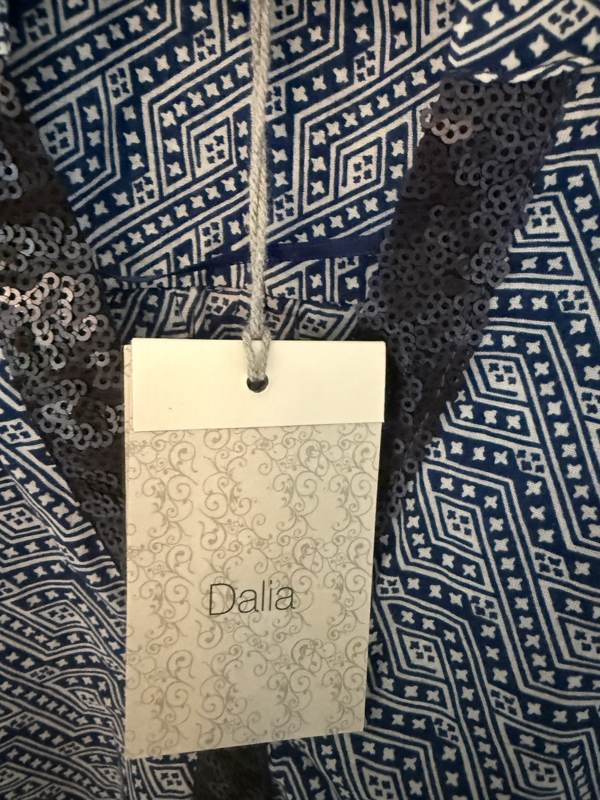 Dalia 100 % Cotton Blue And White Tunic With Sequined Neck And Cuffs L