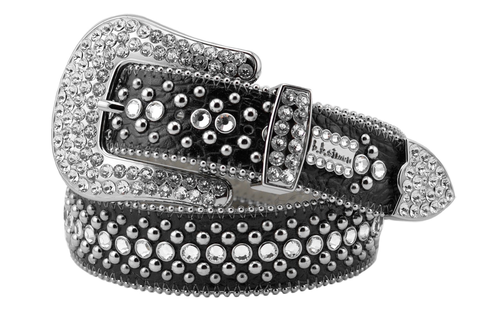 BB Simon Kish Belt Clear Ice Crystal Black Leather Silver 30 32 34 36 38 40 42