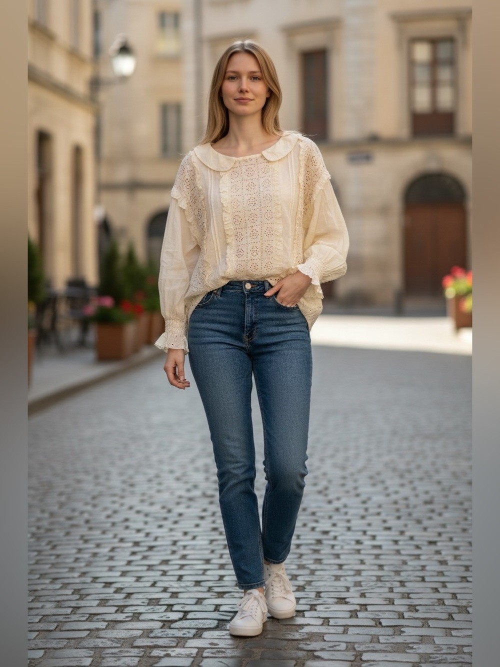 Cream Eyelet Lace Peasant Blouse with Peter Pan Collar