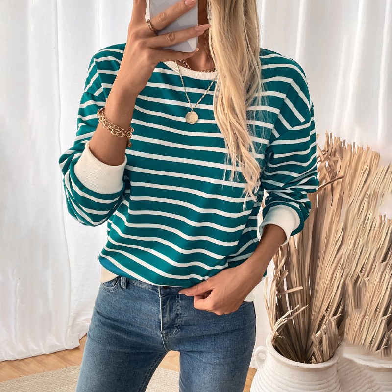 Striped contrasting top round neck patchwork pullover loose sports hoodie