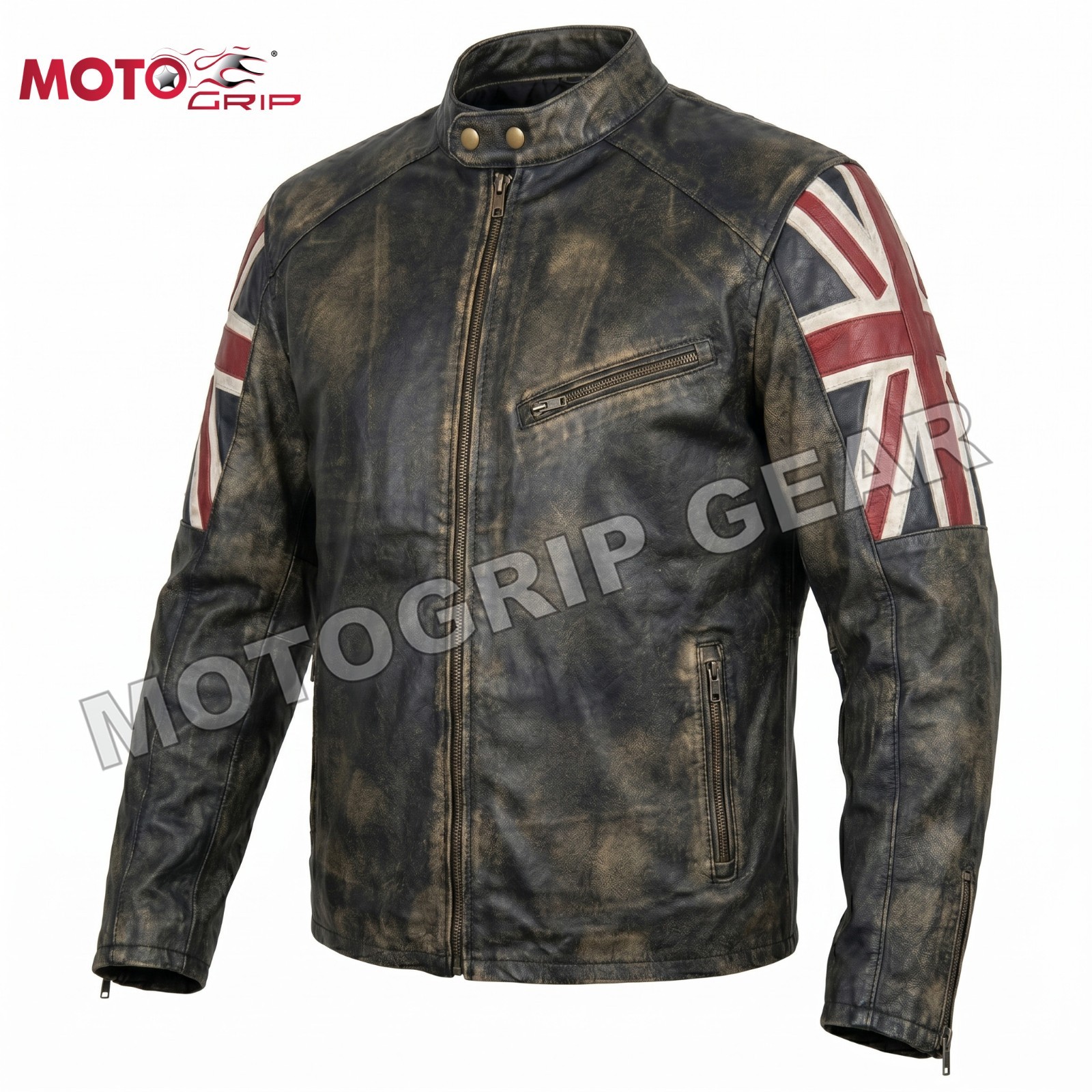 Men’s Biker Cafe Racer Motorcycle UK Flag Patch Vintage Distressed Black Leather