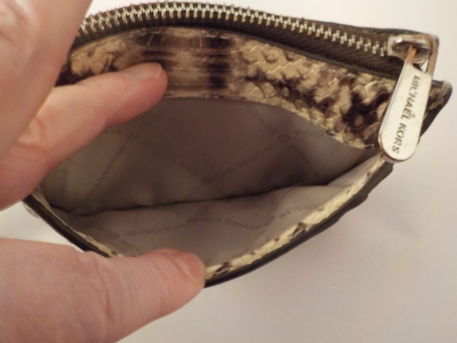 MICHAEL KORS Snakeskin Coin Purse Keychain, Silver Hardware MK Logo, 5 X 3.5 in